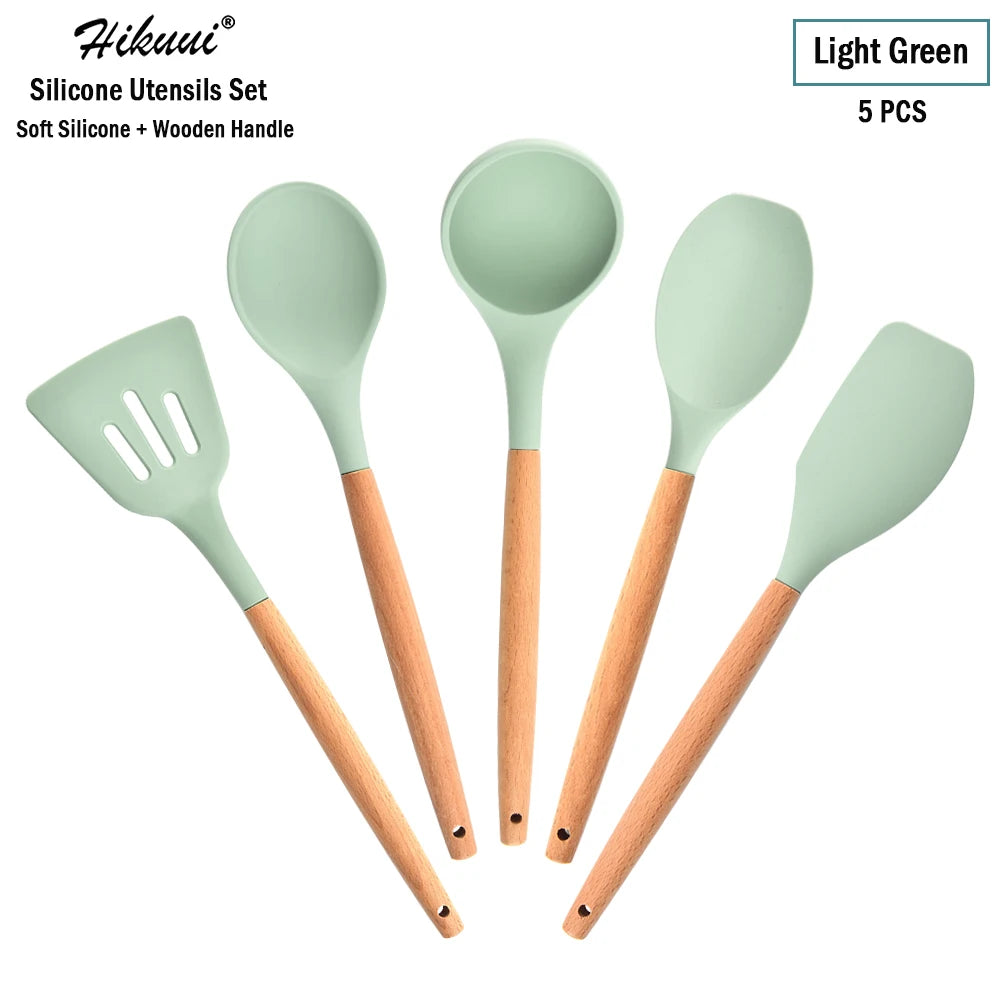 Silicone Cooking Utensil Set Wooden Handle Spatula Soup Spoon Brush Ladle Pasta Colander Non-Stick Silic Cookware Kitchen Tools