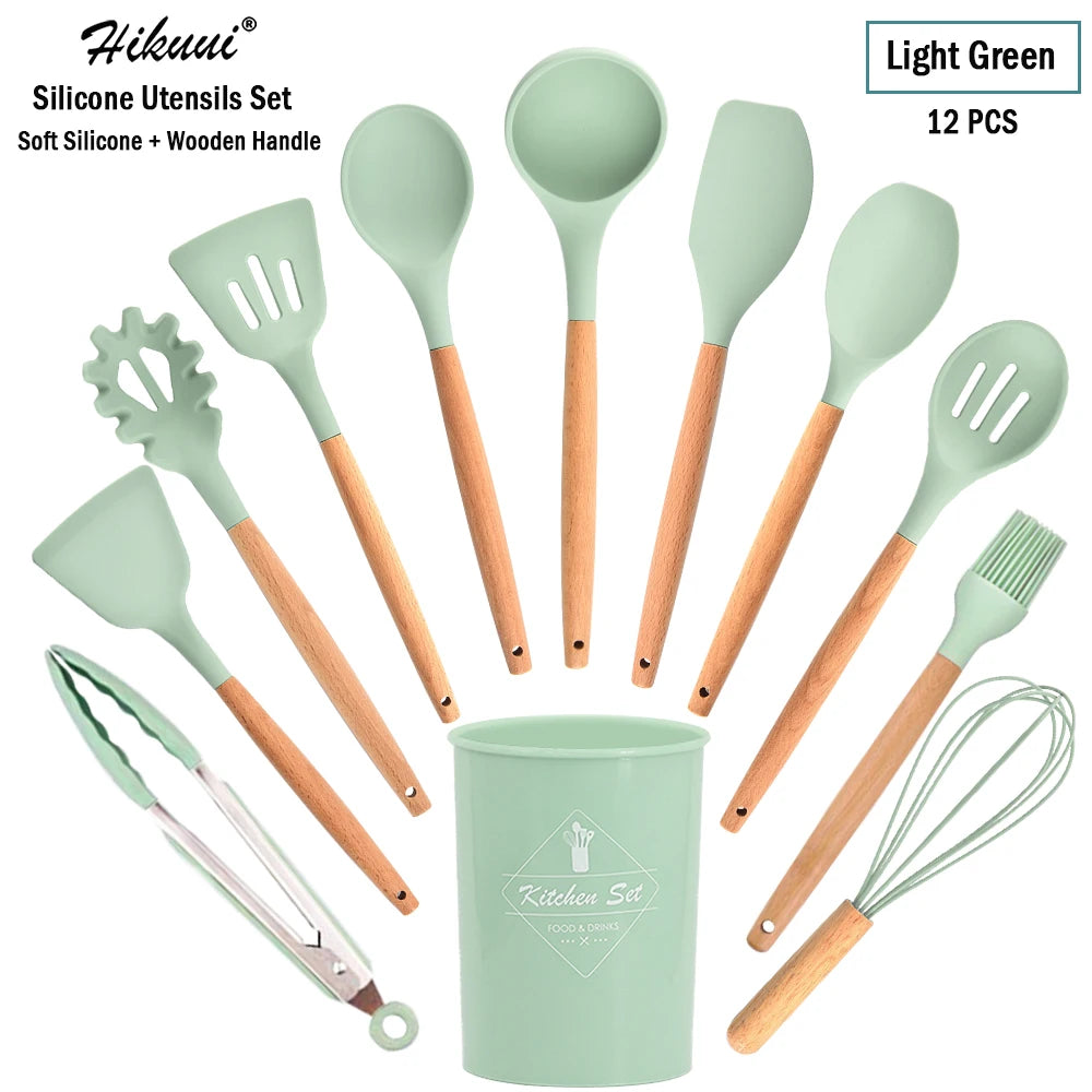Silicone Cooking Utensil Set Wooden Handle Spatula Soup Spoon Brush Ladle Pasta Colander Non-Stick Silic Cookware Kitchen Tools