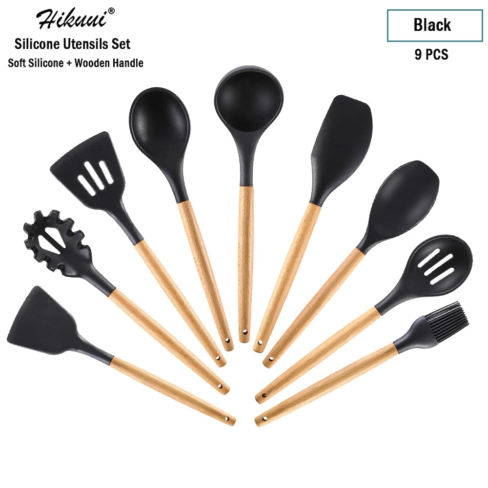 Silicone Cooking Utensil Set Wooden Handle Spatula Soup Spoon Brush Ladle Pasta Colander Non-Stick Silic Cookware Kitchen Tools