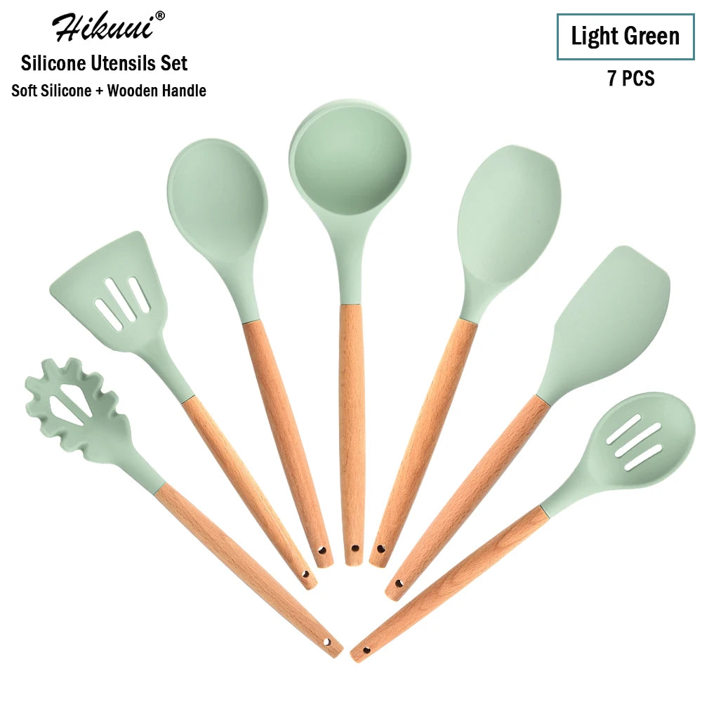 Silicone Cooking Utensil Set Wooden Handle Spatula Soup Spoon Brush Ladle Pasta Colander Non-Stick Silic Cookware Kitchen Tools