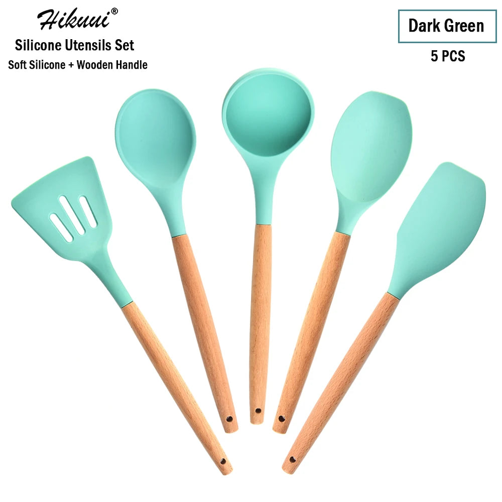 Silicone Cooking Utensil Set Wooden Handle Spatula Soup Spoon Brush Ladle Pasta Colander Non-Stick Silic Cookware Kitchen Tools
