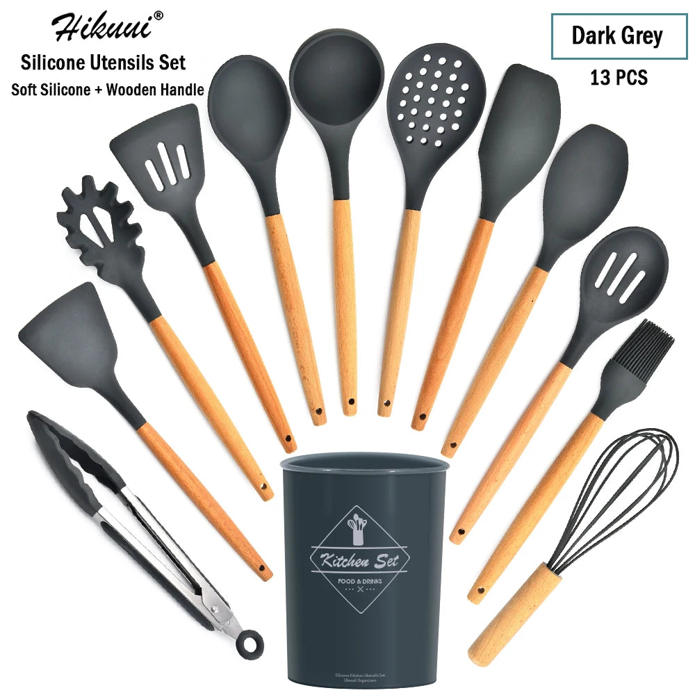 Silicone Cooking Utensil Set Wooden Handle Spatula Soup Spoon Brush Ladle Pasta Colander Non-Stick Silic Cookware Kitchen Tools