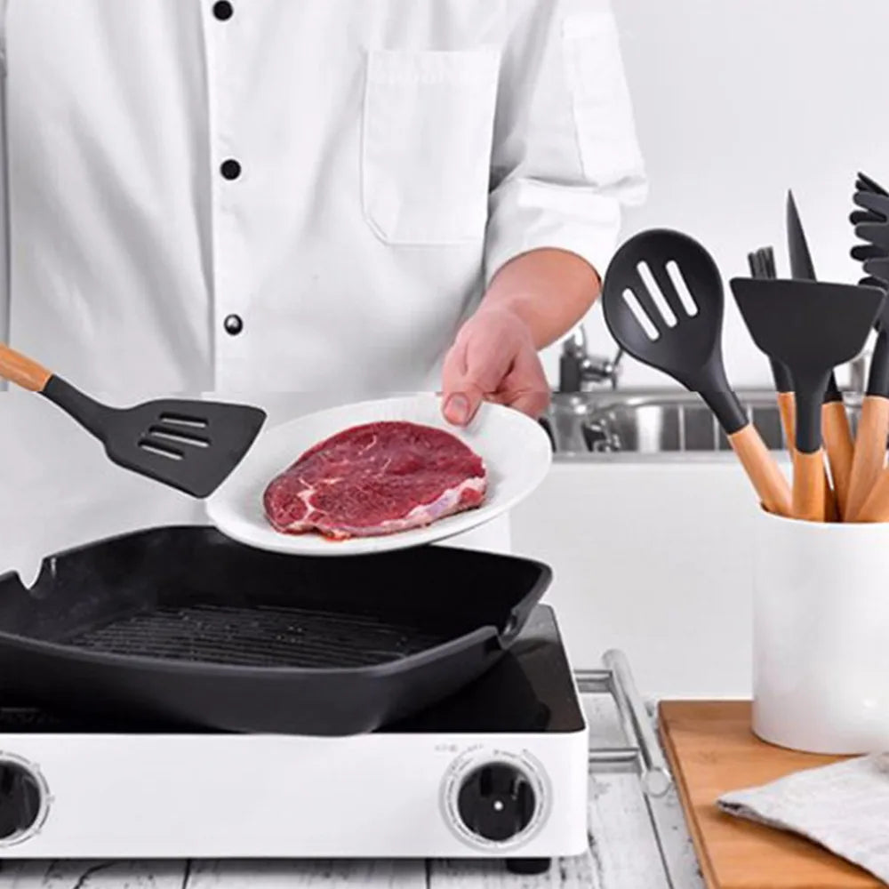 Silicone Cooking Utensil Set Wooden Handle Spatula Soup Spoon Brush Ladle Pasta Colander Non-Stick Silic Cookware Kitchen Tools