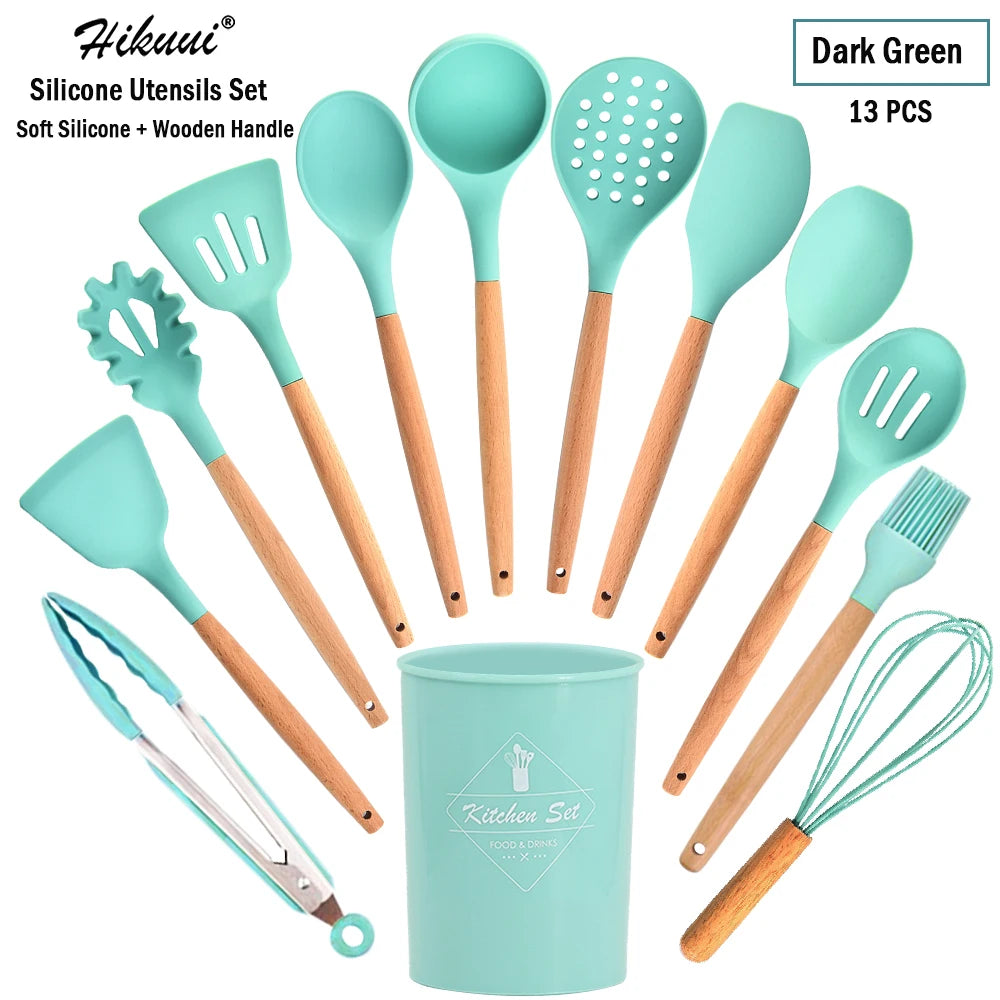 Silicone Cooking Utensil Set Wooden Handle Spatula Soup Spoon Brush Ladle Pasta Colander Non-Stick Silic Cookware Kitchen Tools
