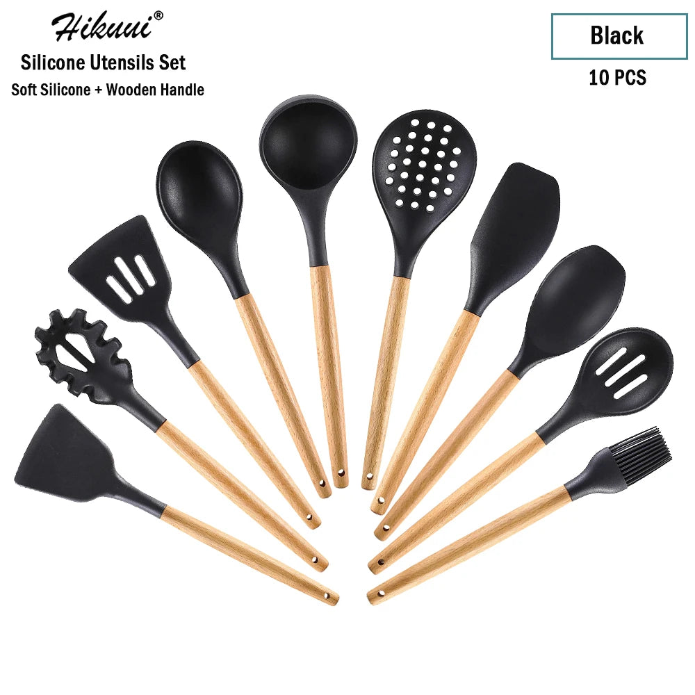 Silicone Cooking Utensil Set Wooden Handle Spatula Soup Spoon Brush Ladle Pasta Colander Non-Stick Silic Cookware Kitchen Tools