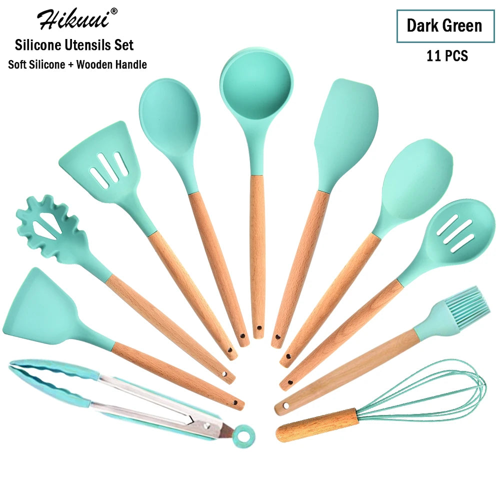 Silicone Cooking Utensil Set Wooden Handle Spatula Soup Spoon Brush Ladle Pasta Colander Non-Stick Silic Cookware Kitchen Tools