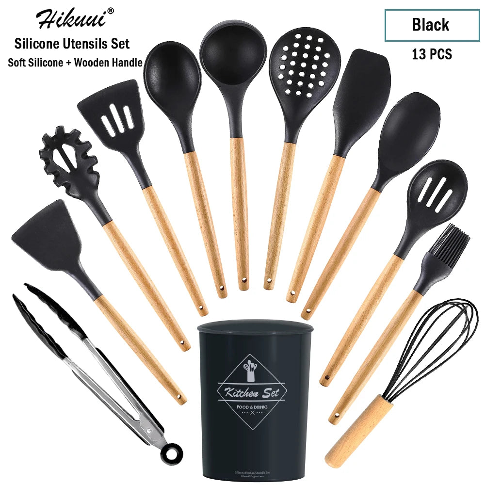 Silicone Cooking Utensil Set Wooden Handle Spatula Soup Spoon Brush Ladle Pasta Colander Non-Stick Silic Cookware Kitchen Tools