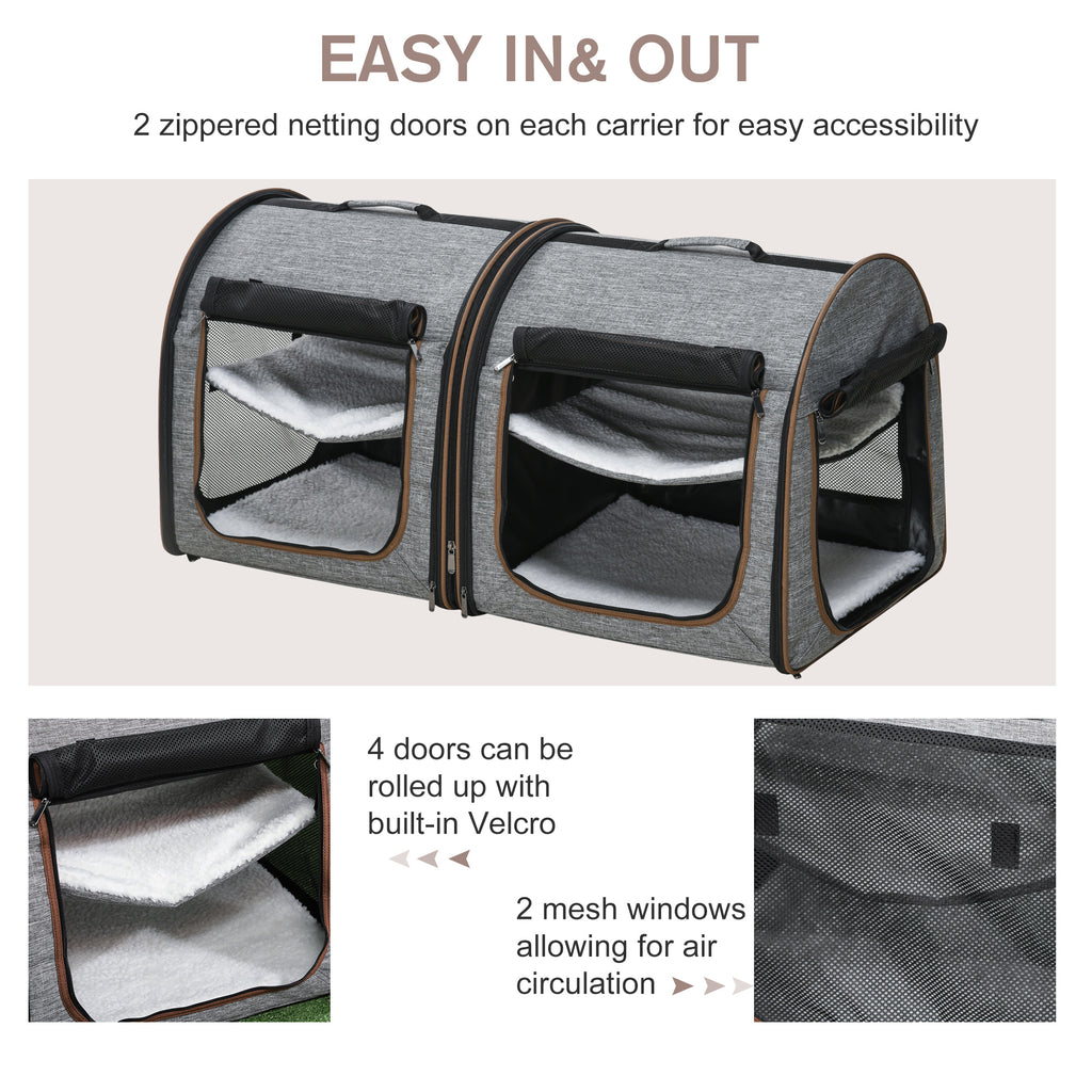 Portable Soft-Sided Pet Cat Carrier with Divider, Two Compartments, Padded and Storage Bag, Grey