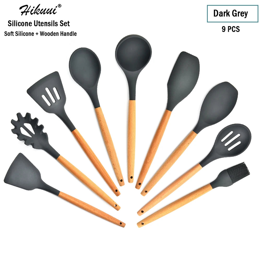 Silicone Cooking Utensil Set Wooden Handle Spatula Soup Spoon Brush Ladle Pasta Colander Non-Stick Silic Cookware Kitchen Tools