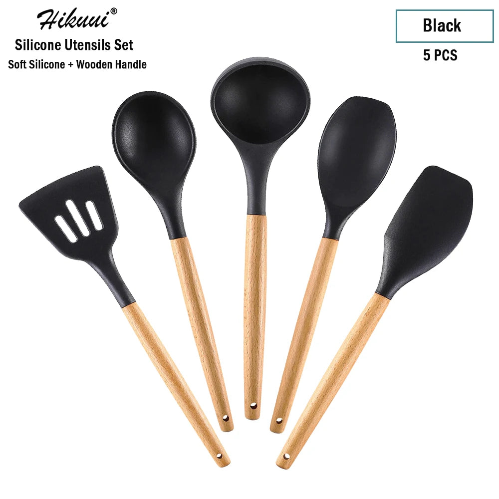 Silicone Cooking Utensil Set Wooden Handle Spatula Soup Spoon Brush Ladle Pasta Colander Non-Stick Silic Cookware Kitchen Tools