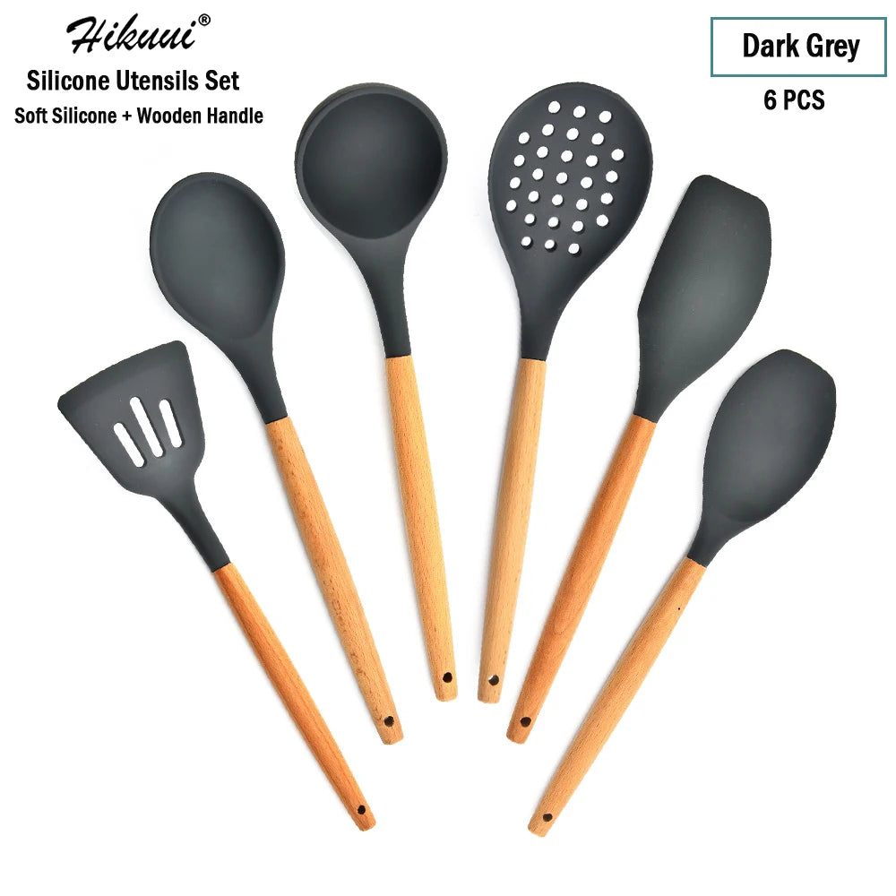 Silicone Cooking Utensil Set Wooden Handle Spatula Soup Spoon Brush Ladle Pasta Colander Non-Stick Silic Cookware Kitchen Tools