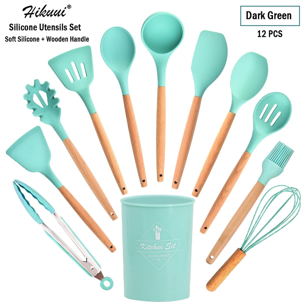 Silicone Cooking Utensil Set Wooden Handle Spatula Soup Spoon Brush Ladle Pasta Colander Non-Stick Silic Cookware Kitchen Tools