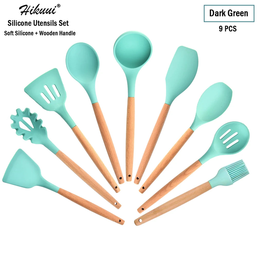 Silicone Cooking Utensil Set Wooden Handle Spatula Soup Spoon Brush Ladle Pasta Colander Non-Stick Silic Cookware Kitchen Tools