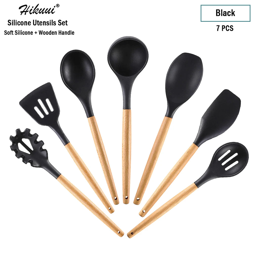 Silicone Cooking Utensil Set Wooden Handle Spatula Soup Spoon Brush Ladle Pasta Colander Non-Stick Silic Cookware Kitchen Tools