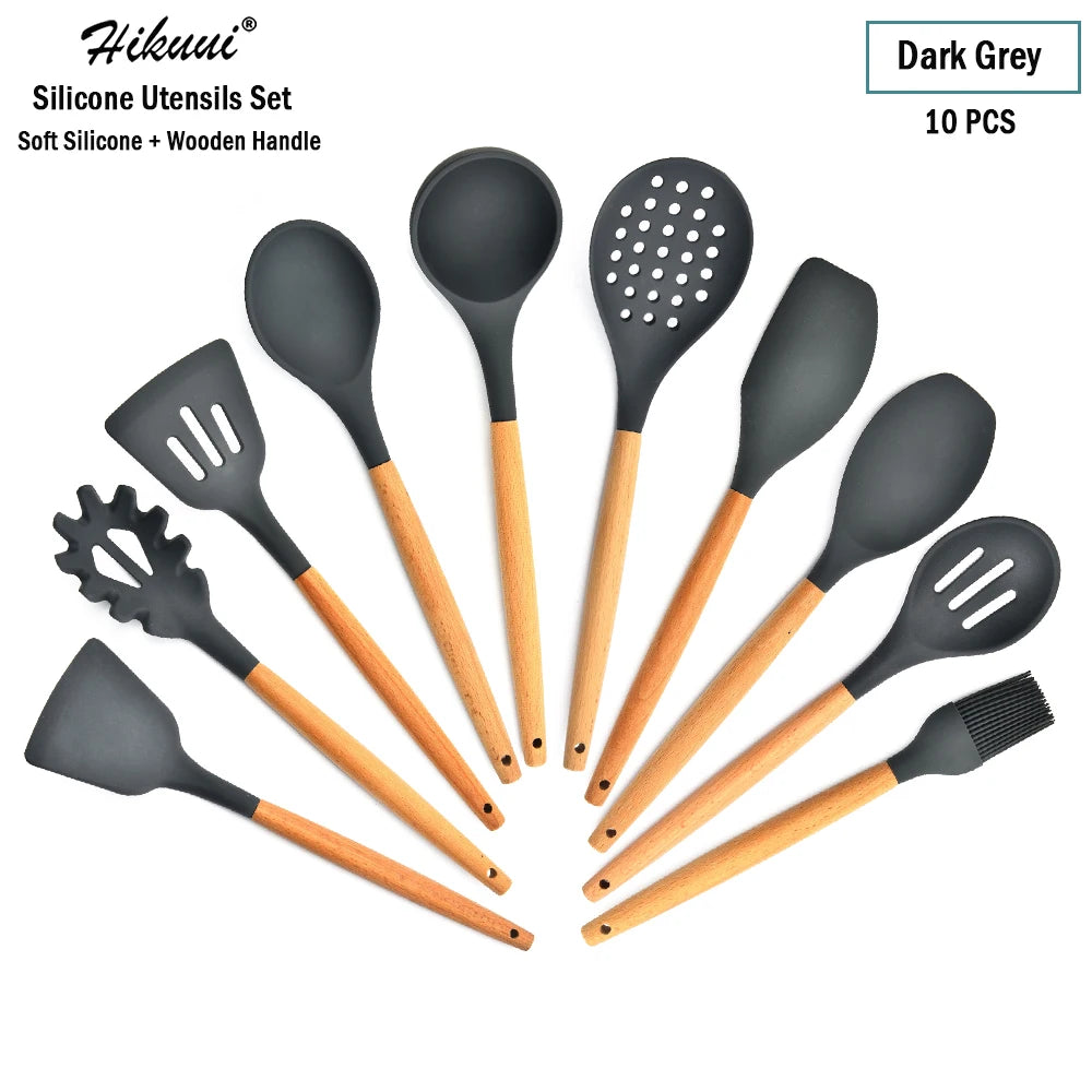 Silicone Cooking Utensil Set Wooden Handle Spatula Soup Spoon Brush Ladle Pasta Colander Non-Stick Silic Cookware Kitchen Tools