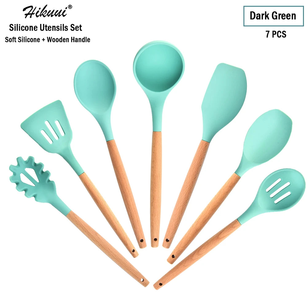 Silicone Cooking Utensil Set Wooden Handle Spatula Soup Spoon Brush Ladle Pasta Colander Non-Stick Silic Cookware Kitchen Tools