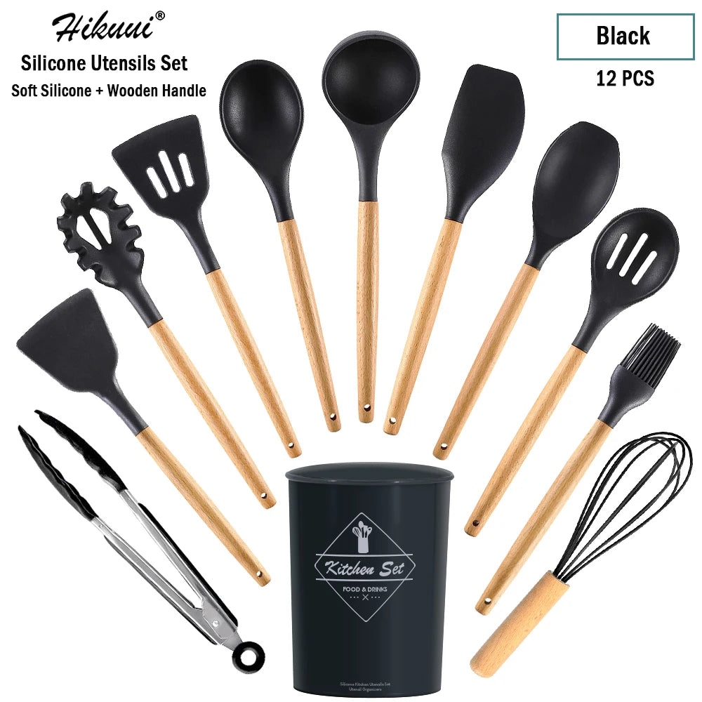 Silicone Cooking Utensil Set Wooden Handle Spatula Soup Spoon Brush Ladle Pasta Colander Non-Stick Silic Cookware Kitchen Tools