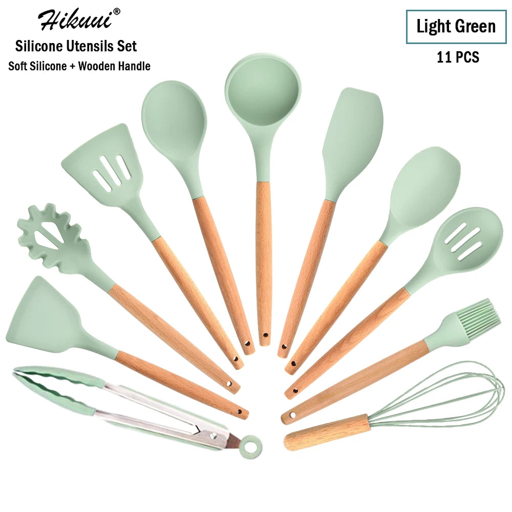 Silicone Cooking Utensil Set Wooden Handle Spatula Soup Spoon Brush Ladle Pasta Colander Non-Stick Silic Cookware Kitchen Tools