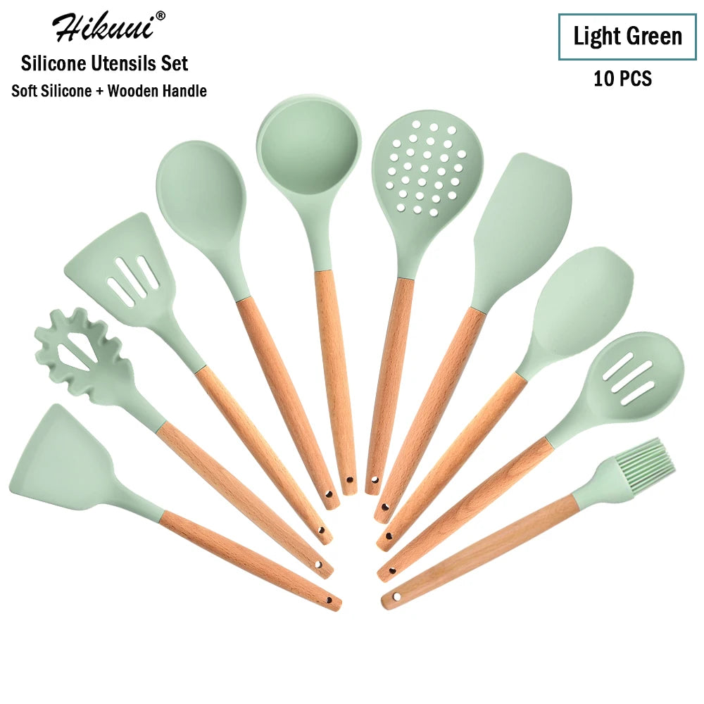 Silicone Cooking Utensil Set Wooden Handle Spatula Soup Spoon Brush Ladle Pasta Colander Non-Stick Silic Cookware Kitchen Tools