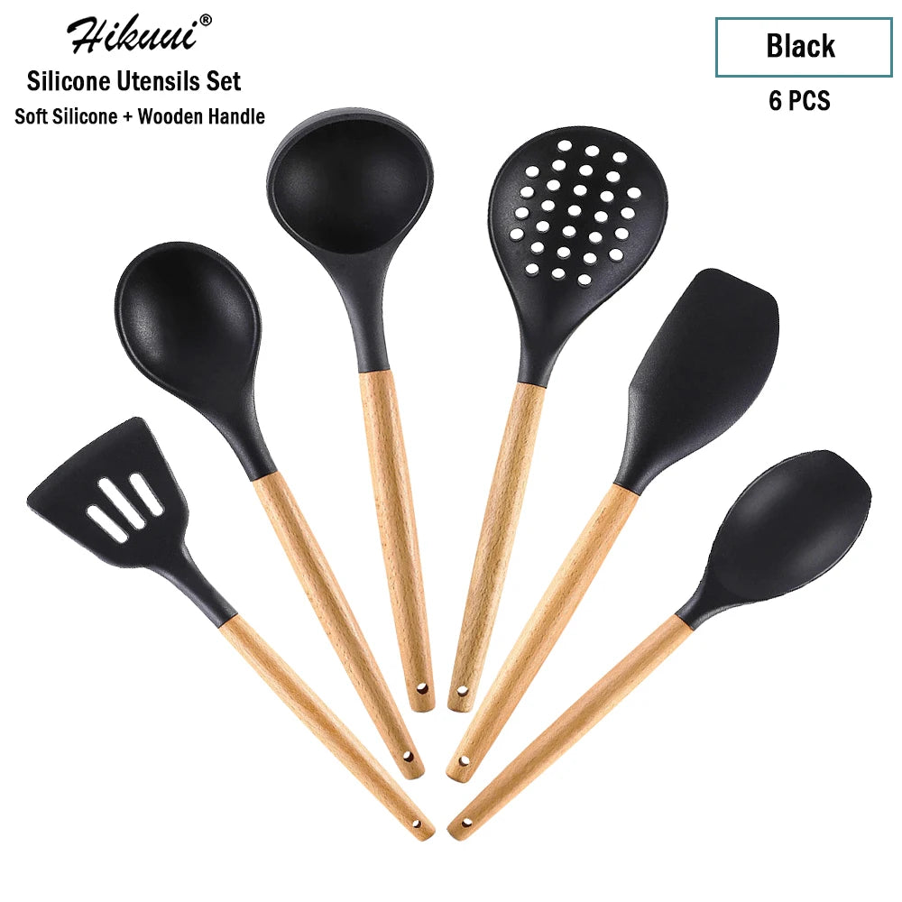 Silicone Cooking Utensil Set Wooden Handle Spatula Soup Spoon Brush Ladle Pasta Colander Non-Stick Silic Cookware Kitchen Tools