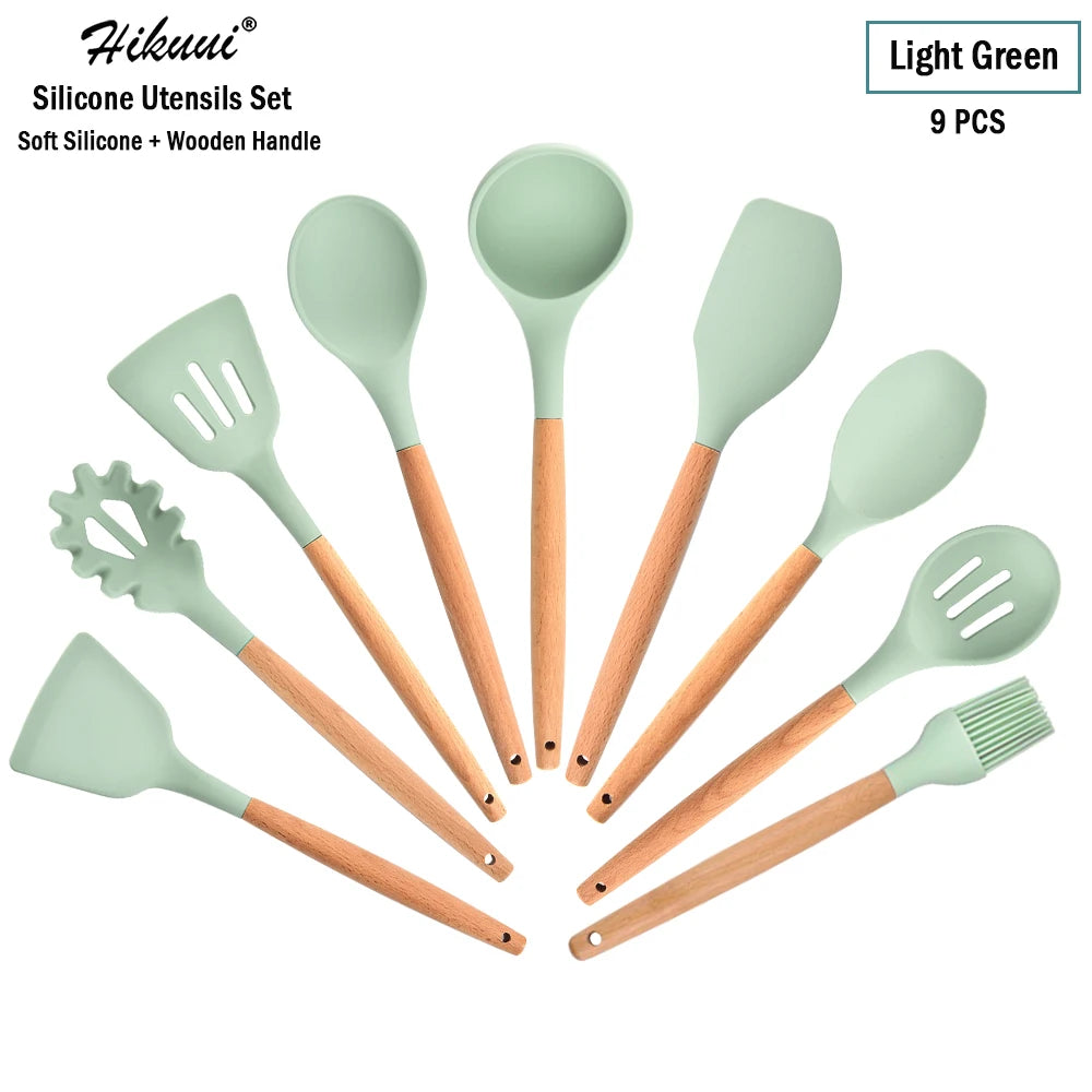 Silicone Cooking Utensil Set Wooden Handle Spatula Soup Spoon Brush Ladle Pasta Colander Non-Stick Silic Cookware Kitchen Tools