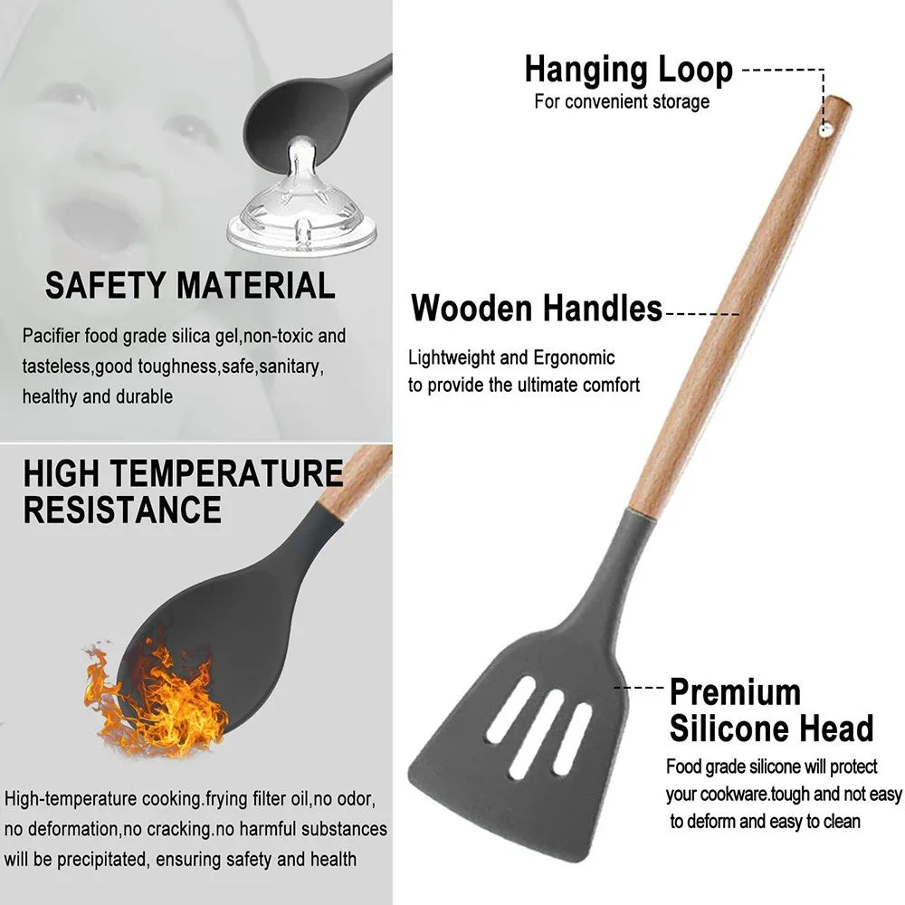 Silicone Cooking Utensil Set Wooden Handle Spatula Soup Spoon Brush Ladle Pasta Colander Non-Stick Silic Cookware Kitchen Tools