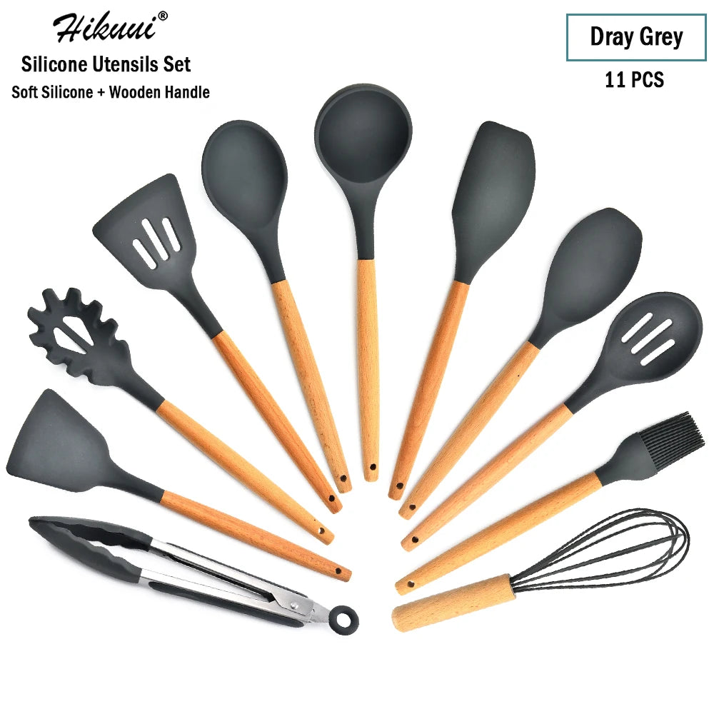 Silicone Cooking Utensil Set Wooden Handle Spatula Soup Spoon Brush Ladle Pasta Colander Non-Stick Silic Cookware Kitchen Tools