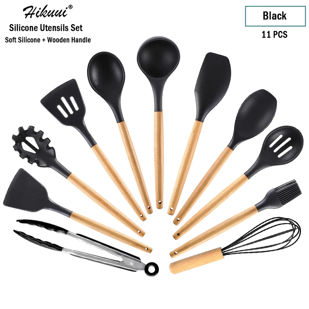 Silicone Cooking Utensil Set Wooden Handle Spatula Soup Spoon Brush Ladle Pasta Colander Non-Stick Silic Cookware Kitchen Tools